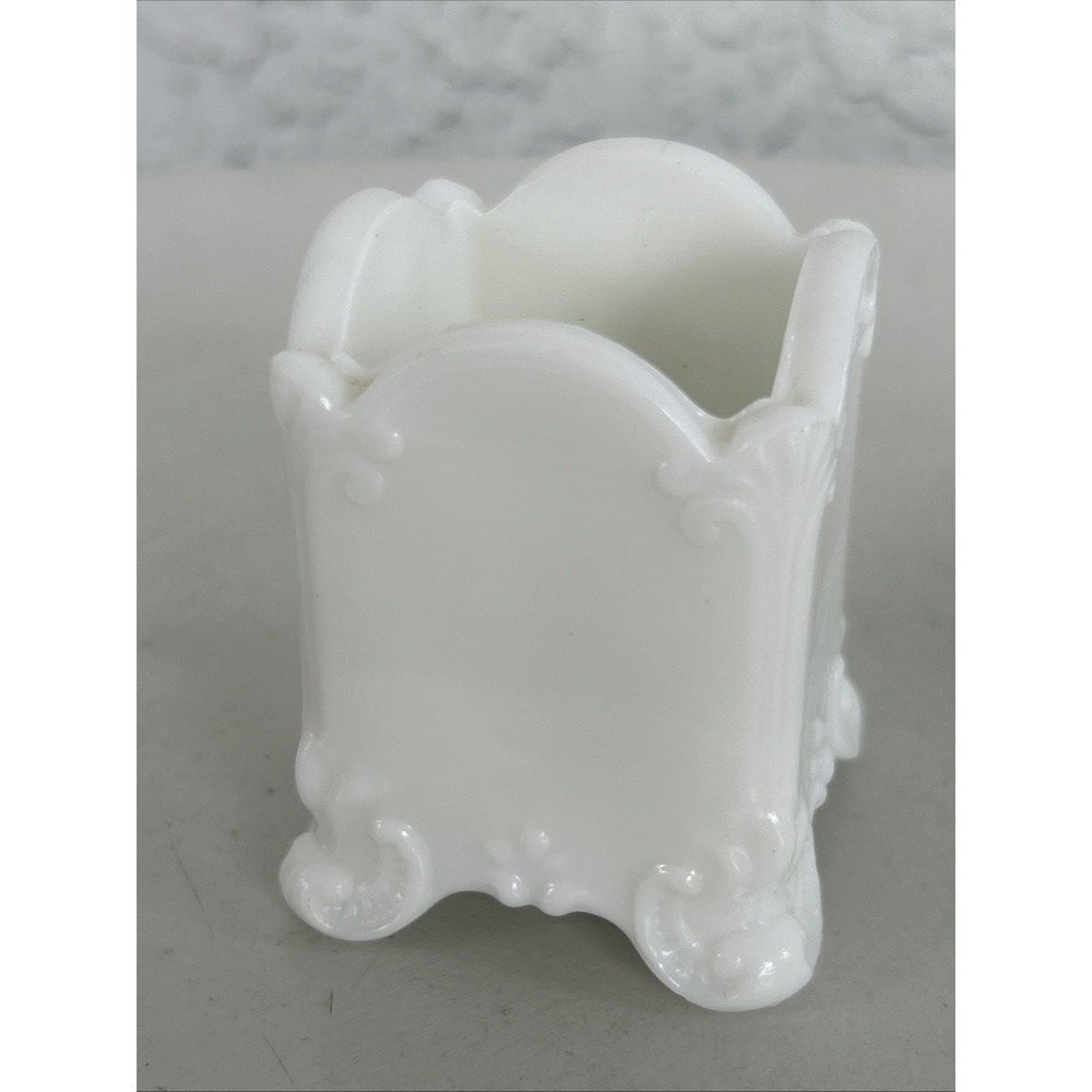 Vintage EAPG Toothpick Holder Square Milk Glass Scroll Patterned Feet
